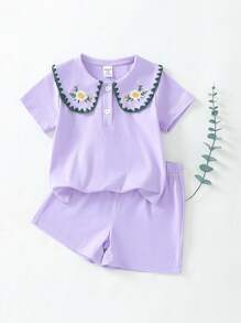 SHEIN 2pcs Baby Girls' Cute Floral Embroidered Collar Blouse And Shorts Set, Spring & Summer - Purple - View 1