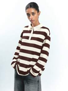 Maija Women's Brown & Beige Striped Casual Long Sleeve Button Front Loose Versatile Simple T-Shirt Top, Suitable For Vacation, Business Casual, City Commute, Cute Blouse - Coffee Brown - View 7