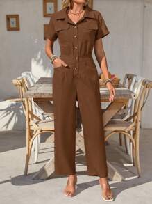 SHEIN Clasi 女式纯色短袖实用口袋休闲连体裤 - 棕色 - 查看 3