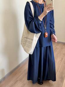 FRIFUL Conjunto de 2 piezas de blusa casual con botones en la espalda y falda fluida, corte holgado para mujer