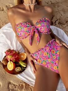 Swim Mod Women Random Floral Print Cute Ruffled High Waist Bikini Set, Summer - Multicolor - View 1