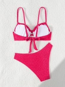 SHEIN Set de 2 piezas de bikini de verano con sujetador con copa suave y con lazo, y bragas de corte alto, conjunto de bikini sexy - Rosa Fucsia - Ver 2