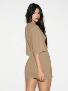 KIZN 镂空迷你连衣裙，不对称垂褶设计，适合晚宴、派对、秋冬春季休闲工作场合，时尚中长款，商务休闲女装，夏季女装 - 咖啡 - 查看 2