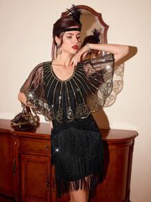 Vintamour Vintage 1pc Women Sequin Contrast Mesh Splice Top 1920s Party Cloak With Sequin Embroidery , Summer - Black and Gold - View 5