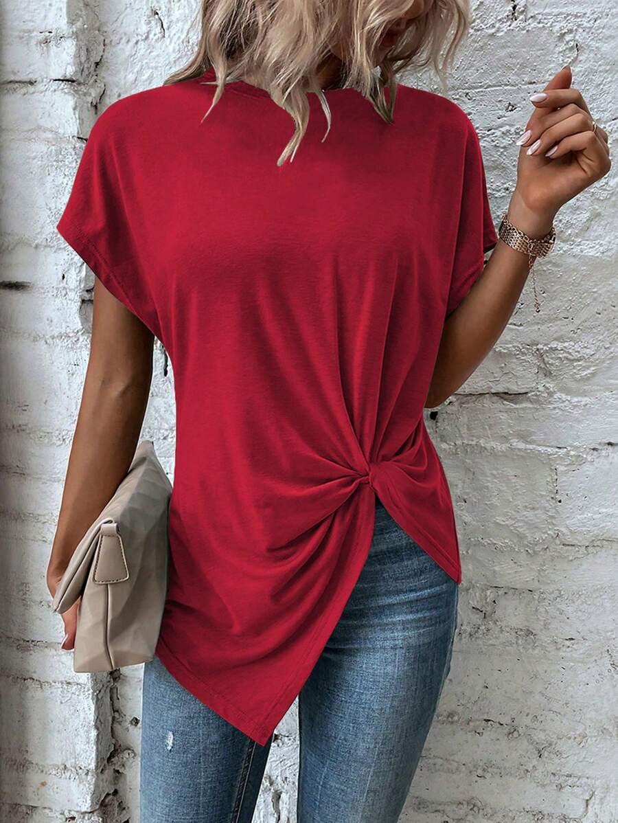 SHEIN LUNE Camiseta casual de verano de unicolor, cuello redondo, manga corta murciélago, con efecto torsión - Rojo - Ver 1