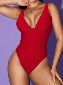 Shapewave Maillot de bain une pièce avec contrôle du ventre et push-up, col en V, panneaux latéraux, couleur marron terre, design élégant et épuré, convient pour les vacances et la plage, printemps/été