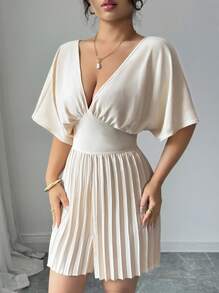 Elenzga Solid Color Deep V-Neck Batwing Sleeve Pleated Elegant Short Jumpsuits For Women - Apricot - View 5