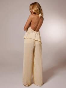 SHEIN Forever 21 夏季女士舞会/正式场合/海滩/度假/可爱/西式服装/商务休闲/优雅/生日/外出/夜店/办公室着装/音乐节/锐舞派对/工作服/高贵/乡村音乐会/早午餐/邮轮/老钱/机场/端庄/教堂/仙女风/下午茶/千禧年/街头风/2000年代/迪斯科/春假/毕业典礼/婚礼宾客/鸡尾酒会/复古/紧身/度假/杏色纹理无袖上衣和长裤两件套 - 杏色 - 查看 2