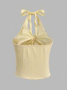 SHEIN Tween Girl Casual Vacation Textured Knit Light Yellow Butterfly Decor Halter Neck Camisole