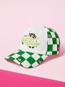 THE POWERPUFF GIRLS X SHEIN Checkerboard And Buttercup Pattern Fashionable Baseball Cap - White - View 1