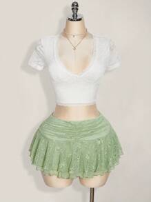 SHEIN ICON Falda midi acampanada de talla grande con cintura alta, en verde claro con parches de encaje, adecuada para el verano y las vacaciones - Verde - Ver 6