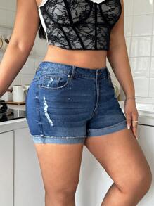 SHEIN MOD Quần short denim bó có túi rách rách cỡ lớn cho nữ - Rửa tối - Xem 6