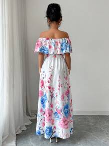 Elenzga Vestido de moda para vacaciones con hombros descubiertos, estampado floral y dobladillo con volantes para mujeres - Rosa - Ver 2