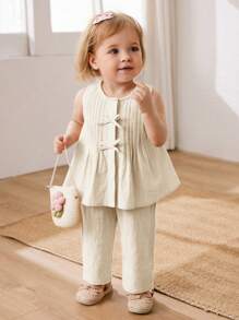 Cozy Pixies 2 pièces/Set Top sans manches à col ras-du-cou avec décoration nœud et pantalon à taille élastique pour bébé fille