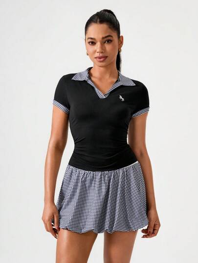 Hanevo Conjunto casual de 2 piezas elegante y encantador para mujer: Camiseta bordada de manga abullonada con plisados y cintura ceñida, con falda mini de cintura alta a cuadros