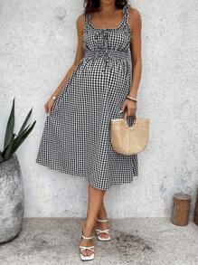 SHEIN 孕妇格子方领荷叶边下摆无袖腰部收褶夏季连衣裙