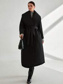 EURMUSE Oversized Quilted Maxi Padded Coat, Premium Winter Collection, Belted Wrap Design, Long Length Series, High-Fashion Statement Piece, Modern Volume Silhouette, Designer Outerwear Collection, High-End Fashion Series, Professional Winter Wear S For Women Long Coats For Women Long Black Coat Long Black Coat Women Long Padded Coat Women Maxi Padded Coat Oversized Padded Coat Women's Winter Coats - Black - View 9