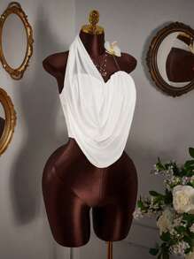 Amplova Asymmetrical Sheer Mesh Faux Flower Decor Women Blouse - White - View 4