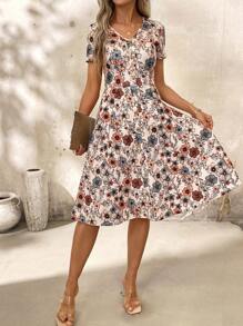 SHEIN Clasi Váy nữ cổ chữ V cài nút chấm bi đỏ thắt eo, quần áo mùa xuân, váy ngày lễ tình nhân, phong cách Boho, Vcay - Màu be - Xem 6