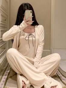DAZY 3pcs/Set Wave Trim Decor Bowknot Camisole Top & Straight Hem Pants & Open Front Top Lounge Set, Cozy Outfits, Fall Winter Clothes - Beige - View 4