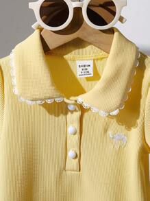 SHEIN Playful Pals Baby Girls' Casual POLO Shirt Tops, Spring/Summer Baby Yellow Shirt Toddler Dress Peter Pan Collar Yellow - Yellow - View 3