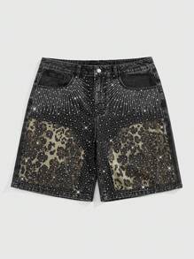 ROMWE MEN Street Life Men's Summer Fashion Leopard Print Denim Shorts With Rhinestones - Black - View 8