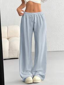 CovetEZ Quần dài thể thao ống rộng cạp chun rút màu trơn đơn giản cho nữ - Màu xanh nhạt - Xem 6