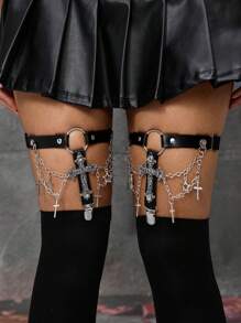 ROMWE Goth 2 件女式吊袜带，带黑色链条、五角星、空心十字架装饰，哥特式腿部吊袜带，适合连衣裙、裙子，日常百搭，万圣节 - 黑色 - 查看 4
