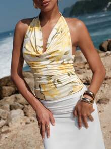 Opulessa Women's Summer Sexy Floral Print Draped Neck Backless Top,Vacation Style, Knitted Romantic Floral Printed,Casual Summer Vacation,Bohemia Beach Vacation,Boho Chic,Holiday Festival,Beach,Summer,Graduation,Beach Essentials,Butter Yellow Tops,4th Of July Women,Club