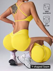 Core Rhythm Conjunto de top de camiseta sin costuras y shorts para ropa deportiva, diseño de tirantes, cintura alta control de abdomen, apto para yoga/gimnasio/correr - Amarillo - Ver 1