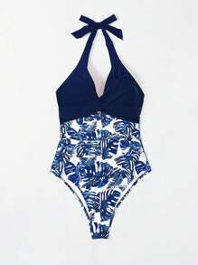 Swim Lushoire 女士花卉印花露背吊带连体泳衣，随机印花 - 藏蓝色 - 查看 6