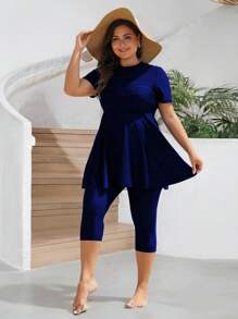 Swim Mulvari Plus Size Solid Color Short Sleeve Burkini Swim Suit Black Two Pieces Set For Summer Beach Vacation - Navy Blue - View 6