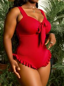 Swim Lushoire Plus Size Solid Front Tie Wide Strap One-Piece Swimsuit For Summer Beach Vacation - Red - View 7