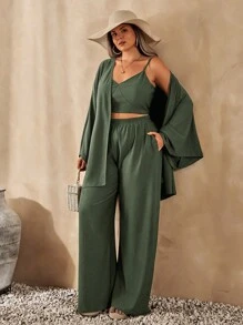 EURMUSE Plus Solid Crop Cami Top With Kimono & Pants Set - Green - View 1