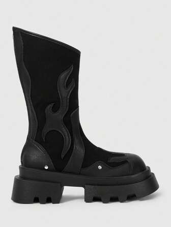 Goth Women Y2K Rock Punk Gothic Lace-Up Ankle Boots, Dark Thick Platform Wedge Heel Street Motorcycle Boots, Flame Party Knee-High Boots
