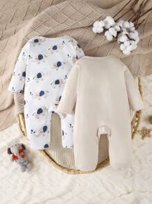 SHEIN Playful Pals 2 件白色和蓝色可爱大象印花新生儿长袖全长连体睡衣，简约时尚 - 卡其色 - 查看 2