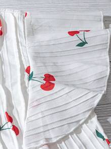 SHEIN Clasi Chemise courte à manches courtes en H-Line avec col plissé et imprimé cerise, style décontracté pour le quotidien et les vacances