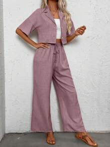 SHEIN PETITE 女士夏季纯色翻领短袖衬衫和裤子休闲套装（2件套） - 淺灰紫 - 查看 4