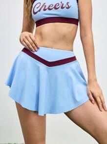 Cheerettes 夏季运动短裙，撞色不对称下摆 - 淺藍色 - 查看 1