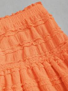 Sweetra 纯色荷叶边双层下摆橙色裙子，休闲度假风 Y2K 迷你短裙 - 橘色 - 查看 4