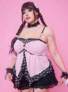 ROMWE Kawaii Cute Y2K Style Polka Dot Ruffle Hem Plus Size Camisole & Tank Top - Pink - View 5