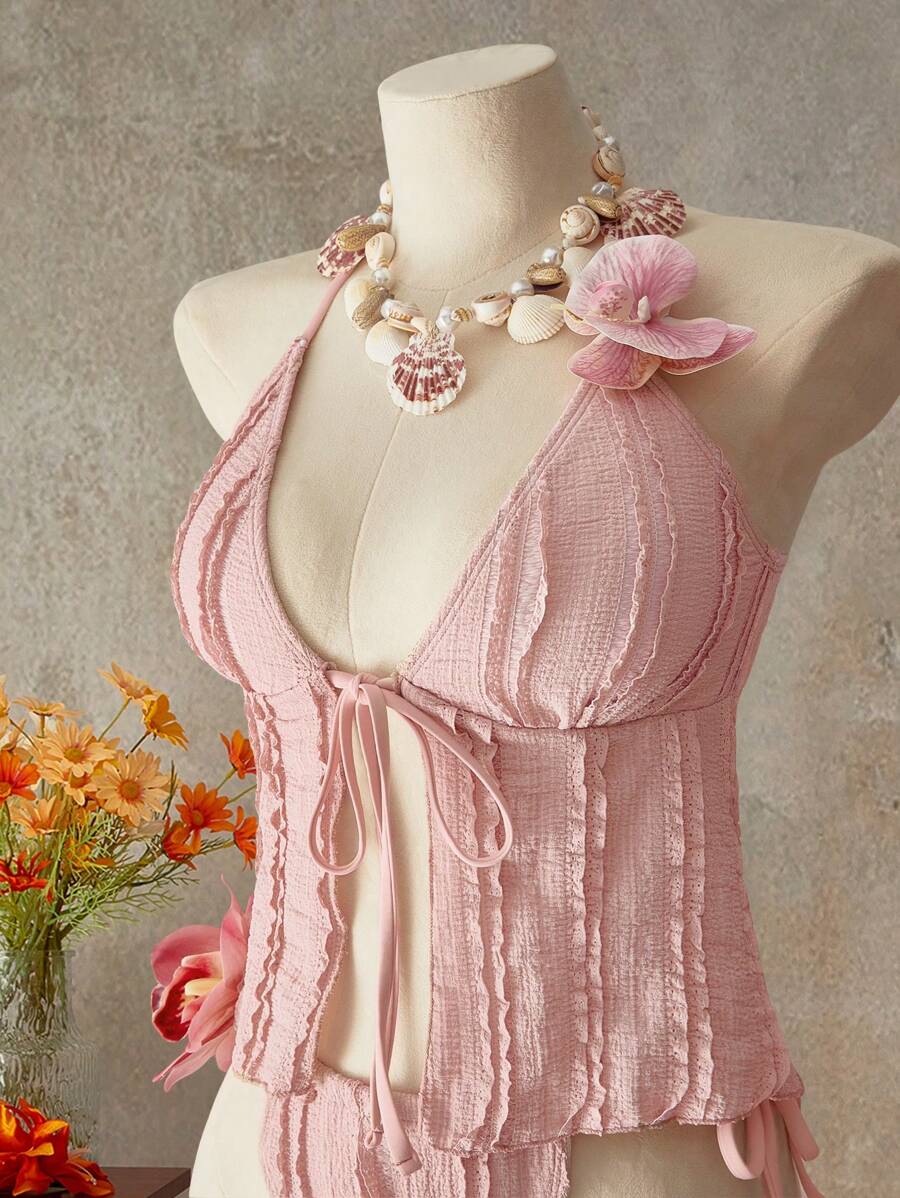 SHEIN Swim 女士纹理面料结饰前细肩带露背吊带背心和比基尼泳装，海滩度假风格 - 粉色 - 查看 1