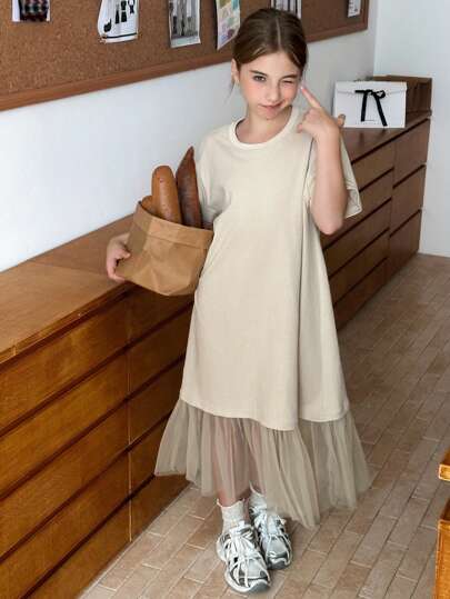 Hapijoa Tween Girl Crew Neck Knit Short Sleeve Mesh Patchwork Dress, Summer, Back To School Clothes