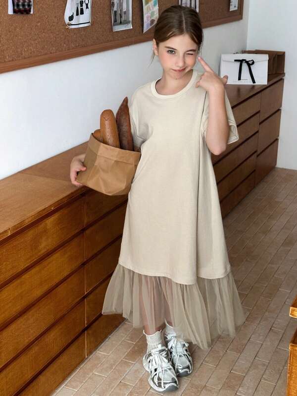 DAZY Tween Girl Crew Neck Knit Short Sleeve Mesh Patchwork Dress, Summer, Back To School Clothes