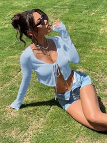 SHEIN EZwear 女士时尚长袖开衫，适合夏季 - 藍色 - 查看 5
