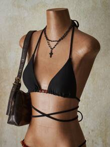 SHEIN ICON 2 件套黑色热带海滩女式简约纯色交叉后背吊带分体比基尼套装，夏季海滩度假 - 黑色 - 查看 5