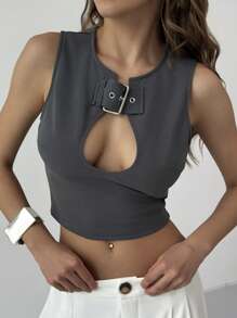 Aloruh Nueva Camiseta de Tirantes Ajustada con Cuello Redondo, Decoración con Hebilla y Recortes Sexy, para Salir - Gris - Ver 5