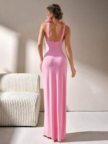 CLARA VERO Vestido maxi formal de lujo con decoración de flores 3D, vestido de fiesta, vestido de invitada de boda, vestido de noche con cuello en V y sin mangas para mujer