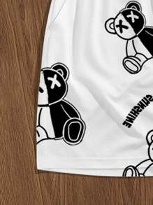 Manfinity Homme 男士休闲熊和字母印花 T 恤套装，适合夏季，送给朋友的绝佳礼物男士两件套服装短款套装男士两件套服装夏季 - 白色 - 查看 7
