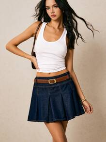 Poéselle Váy mini denim đơn sắc có khóa kéo bên hông dành cho nữ, dễ mặc, đa năng - Rửa tối - Xem 2